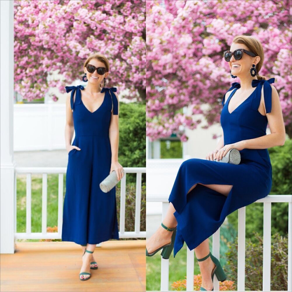 Amanda Uprichard Iris Jumpsuit Size Large Navy Blue Bow Blogger Fave Wide Leg